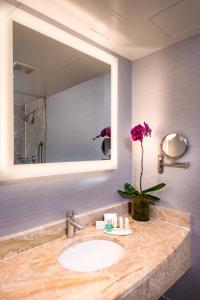 纽约纽约曼哈顿/时代广场费尔菲尔德客栈的一间带水槽和镜子的浴室