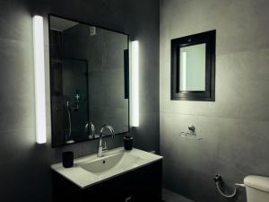 海法2-bd apartment at the heart of the Carmel的一间带水槽、镜子和卫生间的浴室