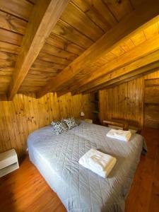 圣马丁德洛斯Cabaña Bigua的卧室设有一张木制天花板上的大床