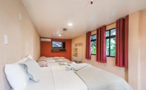 卡姆布库Pousada Brasil Cumbuco的一间带三张床的卧室,位于带窗户的房间内