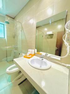 Cham Ta LaoHeaven Hill Hotel & Hot Spring的一间带水槽、卫生间和镜子的浴室