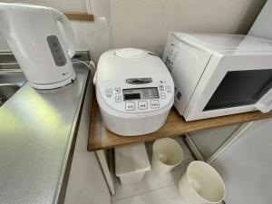 KanayamaSHIRAHAMA condominium D-100的厨房柜台配有微波炉和烤面包机。