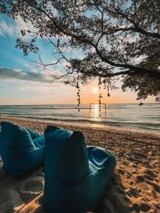 吉利特拉旺安Taj Maza Sunset Villas的日落时海滩上的两袋豆