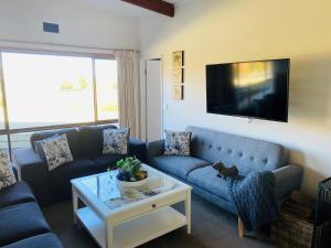 默立基ELM Accommodation - Merrijig的客厅配有蓝色的沙发和电视
