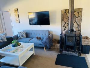 默立基ELM Accommodation - Merrijig的客厅设有蓝色的沙发和壁炉