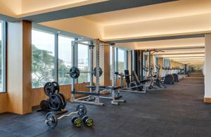 班加罗尔Greenpark Bengaluru的健身房设有一排机器和窗户