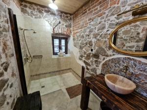 梅斯瓦科维采Czerwony Dworek 8 - Agroturystyka Karkonosze的石质浴室设有水槽和淋浴。
