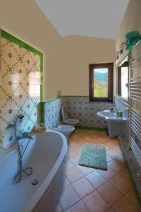 特拉蒙蒂Agriturismo Il Tintore的一间带两个水槽、一个浴缸和两个卫生间的浴室