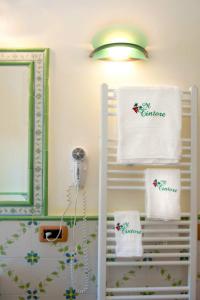 特拉蒙蒂Agriturismo Il Tintore的浴室提供毛巾架和镜子