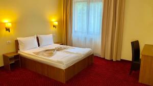 乔阿久拜Hotel Termal的酒店客房设有一张带大窗户的床。