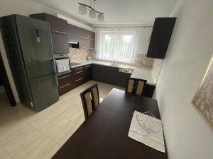 日利纳Lovely apartment - Žilina centrum的厨房配有餐桌和冰箱
