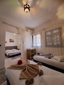 马拉喀什伊尔肯纳利亚酒店的酒店客房设有两张床和吊灯。