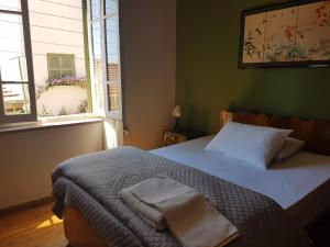 北尼科西亚Ines Guest House的一间卧室设有一张床和两个窗户。