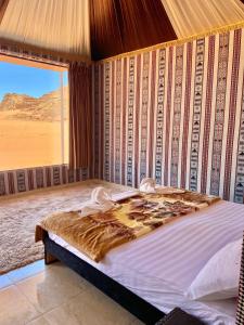 瓦迪拉姆Rum Nights Bedouin Camp的一间沙漠景卧室,配有一张大床