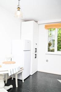 巴亚马雷Dreambed 1的白色的厨房配有桌子和冰箱