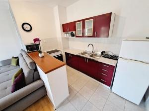 帕什曼Apartman Lara的一间厨房,内设红色橱柜和一张沙发