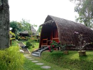 武吉拉旺Orangutan Bungalow的茅草屋顶的小小屋和小径