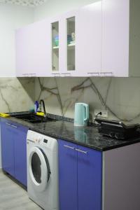 久姆里Aragats Hostel & Guest House的厨房配有洗衣机和蓝色橱柜。