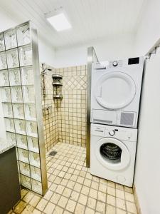 腓特烈港aday - Charming apartment in the pedestrian street of Frederikshavn的带淋浴的浴室内的洗衣机