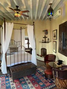 圣米格尔-德阿连德Hacienda Las Amantes的一间卧室配有一张带风扇和壁炉的床。