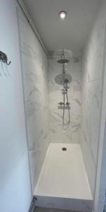 加来Appartement Calais Nord的一间设有白色大理石墙壁和淋浴的浴室