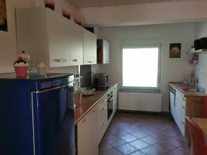 马尔肖Ferienwohnung Emmi的厨房配有蓝色冰箱和窗户。