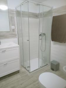 Pedrosa del ReyWilly Fogg的带淋浴和卫生间的白色浴室