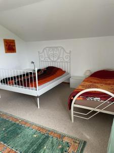 穆尔滕Appartement de 3 pièces, dans la maison familial à Morat-Murten, Fribourg-CH的一间带两张床的卧室和地毯