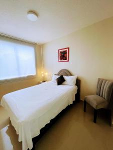 皮乌拉Suites Apart Piura的卧室配有床、椅子和窗户。