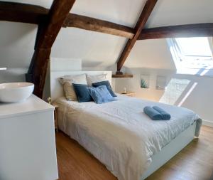 埃夫勒F3 La Plage - Gare - Netflix - Wifi - Parking的一间卧室配有一张带蓝色枕头的床。