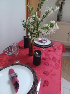 DrulingenGite avec SPA privé的一张桌子,上面有红桌布,上面有眼镜和鲜花