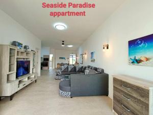 佩雷贝勒Seaside Paradise 2 minutes à pied du Lagoon的带沙发和电视的大型客厅