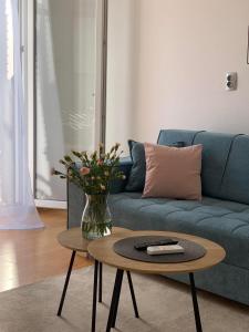 布拉采Apartman Mare Blace的客厅配有蓝色的沙发和桌子