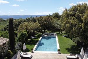 戈尔德洪特瓦隆别墅的一座室外游泳池,位于一个树木繁茂的庭院内