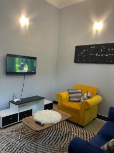 达累斯萨拉姆Romantic, Stunning & Authentic Ensuited Master Bedroom的客厅设有黄色沙发和电视