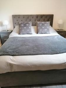 Long MartonLake District and Eden Valley Thornhill Lodge的一间卧室配有一张大床和两个枕头