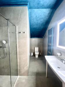 基希讷乌Richmond Hotel的一间带卫生间和蓝色天花板的浴室