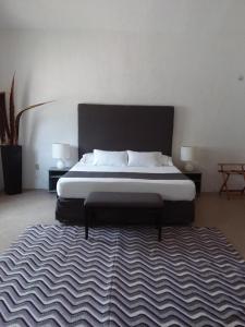 坎昆Junior suite Privada 7 min del Aeropuerto的一间卧室配有一张带地毯的大床