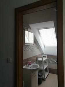 波斯托伊纳Sobe pri Roži的一间带水槽和天窗的浴室