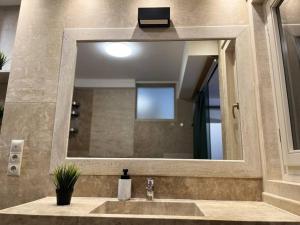 布达佩斯Sunny/stylish rooftop home/private balcony shared jacuzzi的一间带水槽和大镜子的浴室