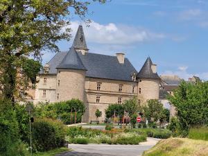 Clairvaux-dʼAveyronLe moulin des vignes的一座大城堡,在路边有塔楼