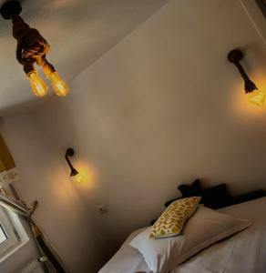 西蒙Voinescu House - Natural Living & Eating的卧室配有两盏灯,墙上挂着一只猫