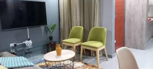 KitweZachi Apartments的客厅配有两把绿色椅子和电视