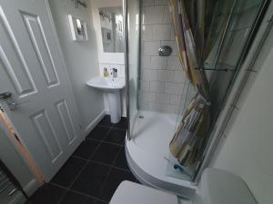 诺丁汉1 Bedroom Annexe Bagthorpe Brook Nottinghamshire的带淋浴、卫生间和盥洗盆的浴室