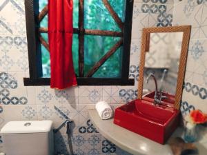 圣安德烈Promoção Semana Santa em Santo André - Casa da Floresta的一间带红色水槽和镜子的浴室
