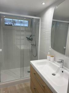 Croissy-BeaubourgMaison studio Le bois fleuri的带淋浴和盥洗盆的白色浴室