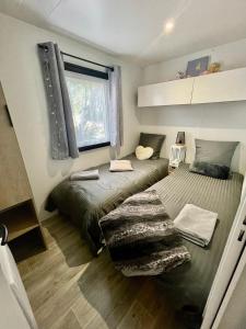 ClaoueyTiny house famille nature cap ferret的一间卧室设有两张床和窗户。