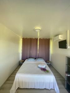 帕皮提Temana Airport Faa'a,Tahiti的一间卧室配有一张白色大床,床上有鲜花