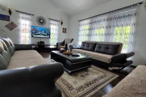乌罗舍瓦茨Amazing Villa with pool nearby Shtime - Ferizaj的客厅配有黑色皮革家具和窗户。