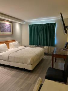 亨廷顿海滩777号汽车旅馆的一间卧室配有一张床、一张书桌和一个窗户。